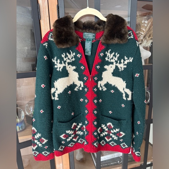 Ralph Lauren Sweaters - Vintage Ralph Lauren Hand Knit Wool Fur Collar Reindeer Christmas Sweater zipup